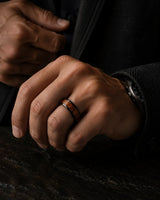Man wearing a black and reddish-brown wood inlay ring with a dark tailored jacket.