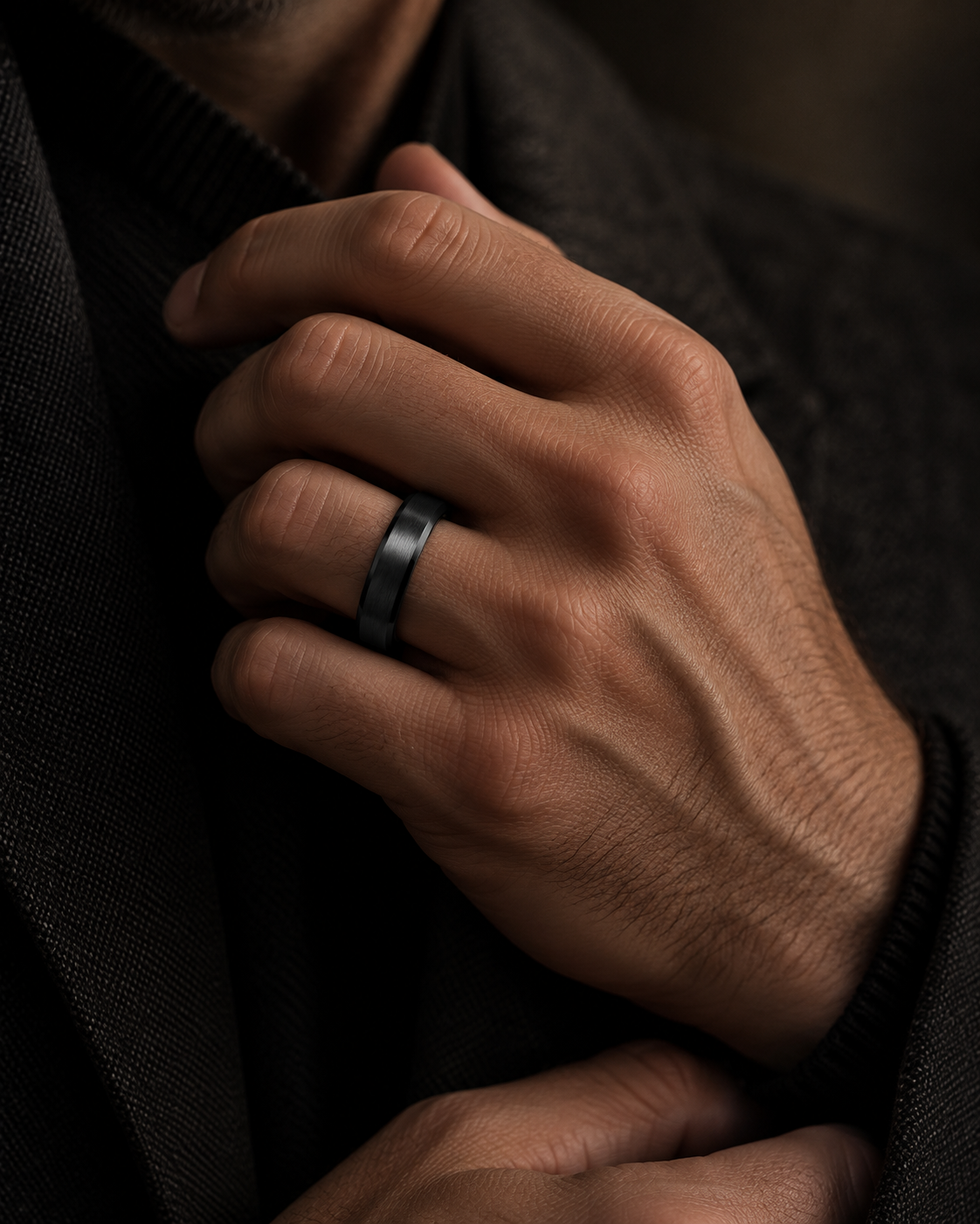 Man wearing a brushed black tungsten wedding ring with natural antler inner sleeve
