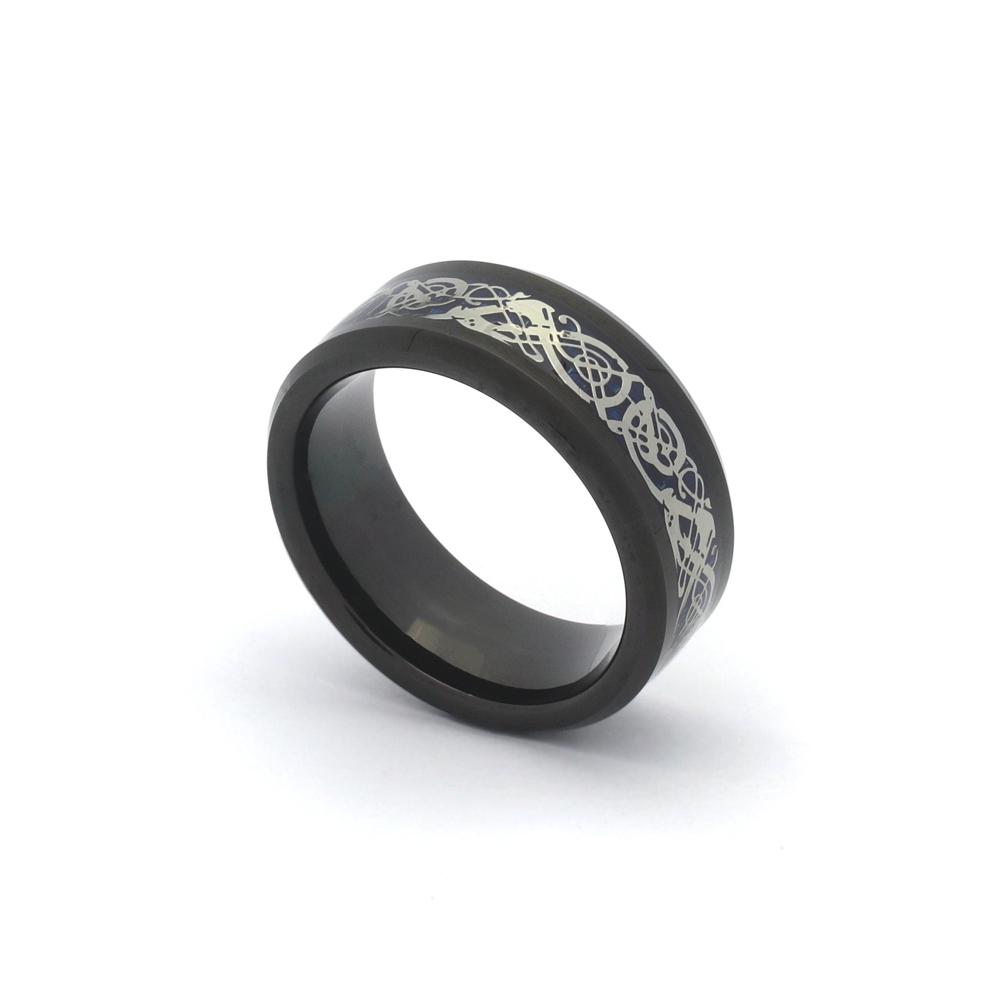 Carbon Fiber Wedding Band with Silver Celtic Dragon Pattern