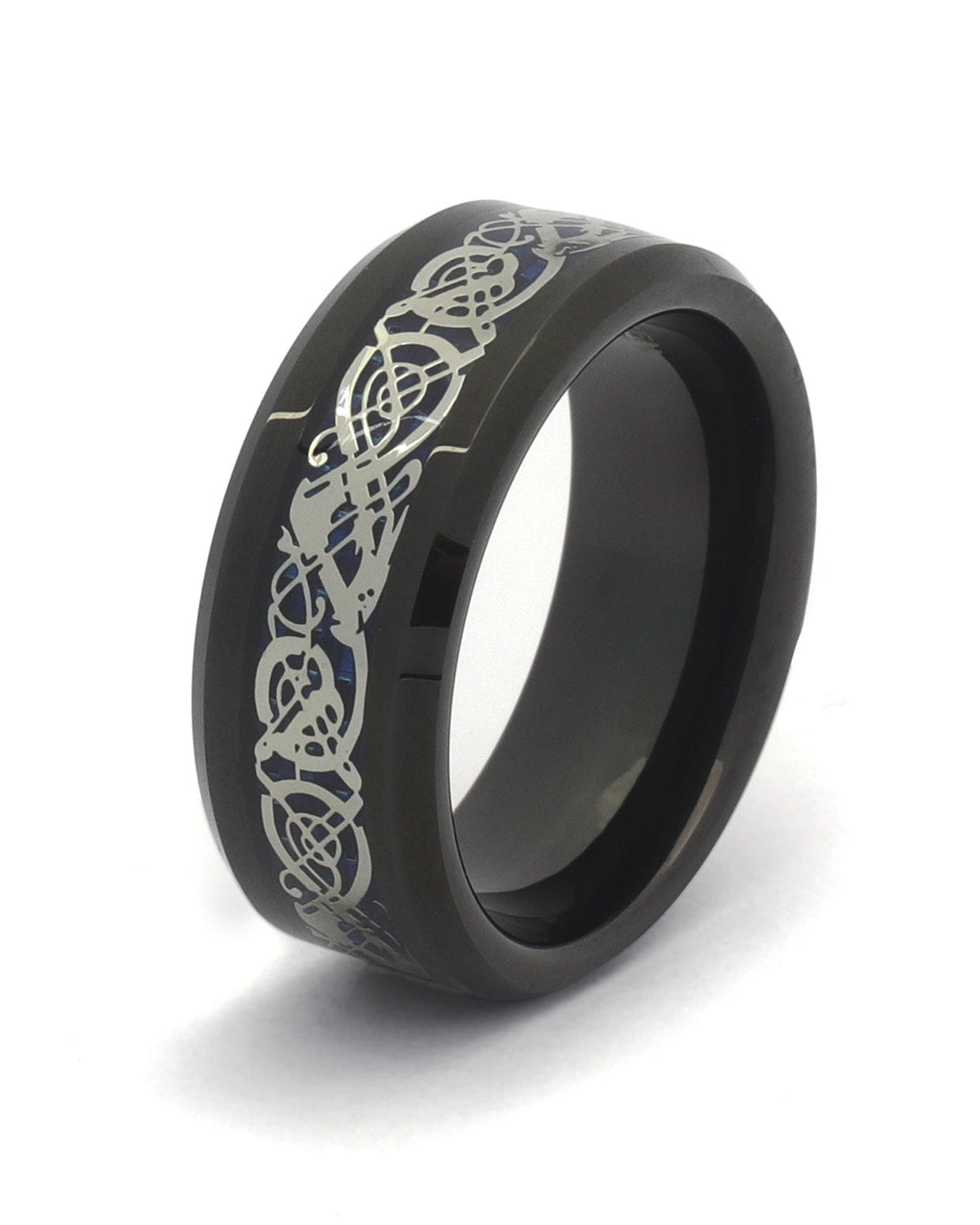 Male Celtic Wedding Band – Black Tungsten with Blue Carbon Fiber and Silver Dragon Inlay