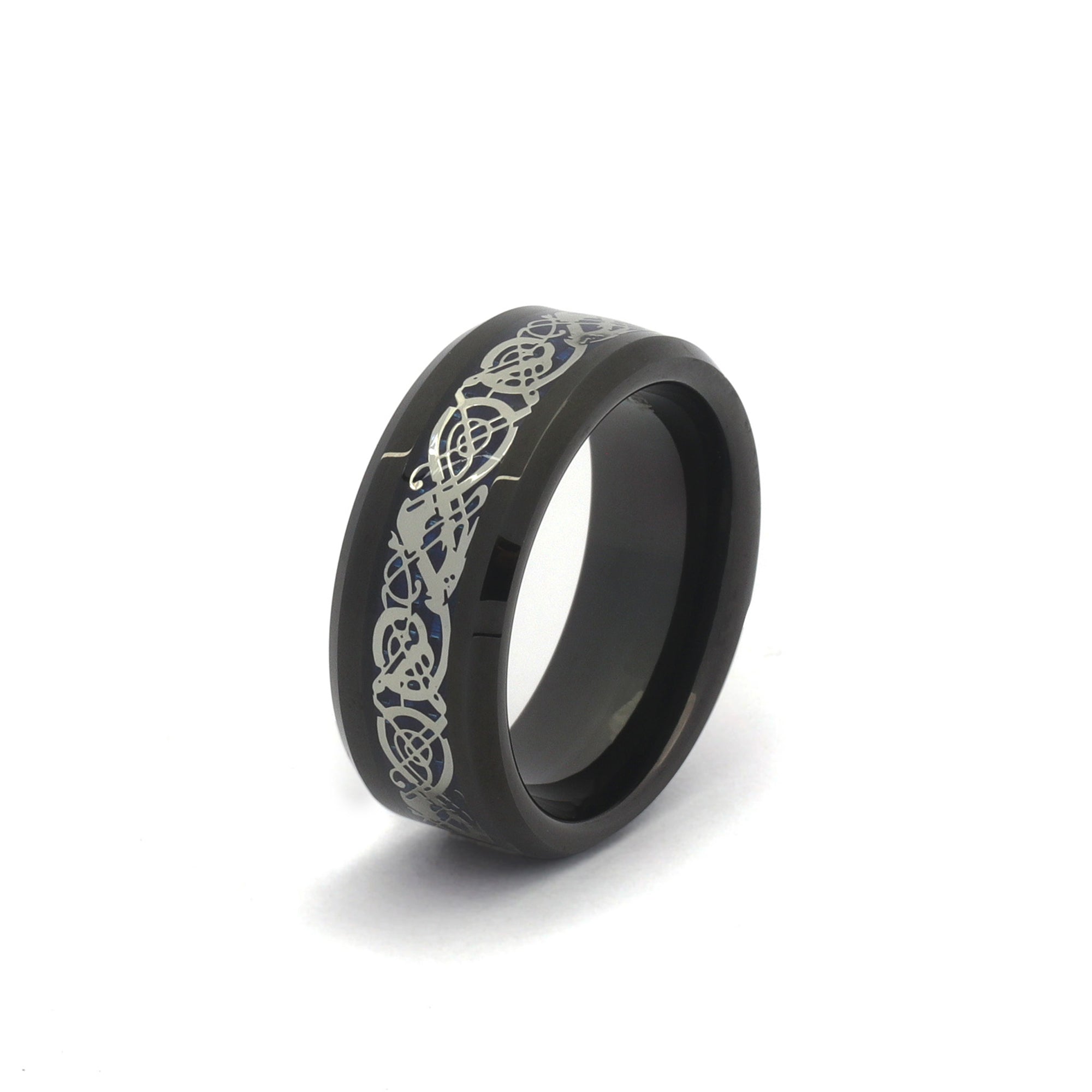 Male Celtic Wedding Band – Black Tungsten with Blue Carbon Fiber and Silver Dragon Inlay