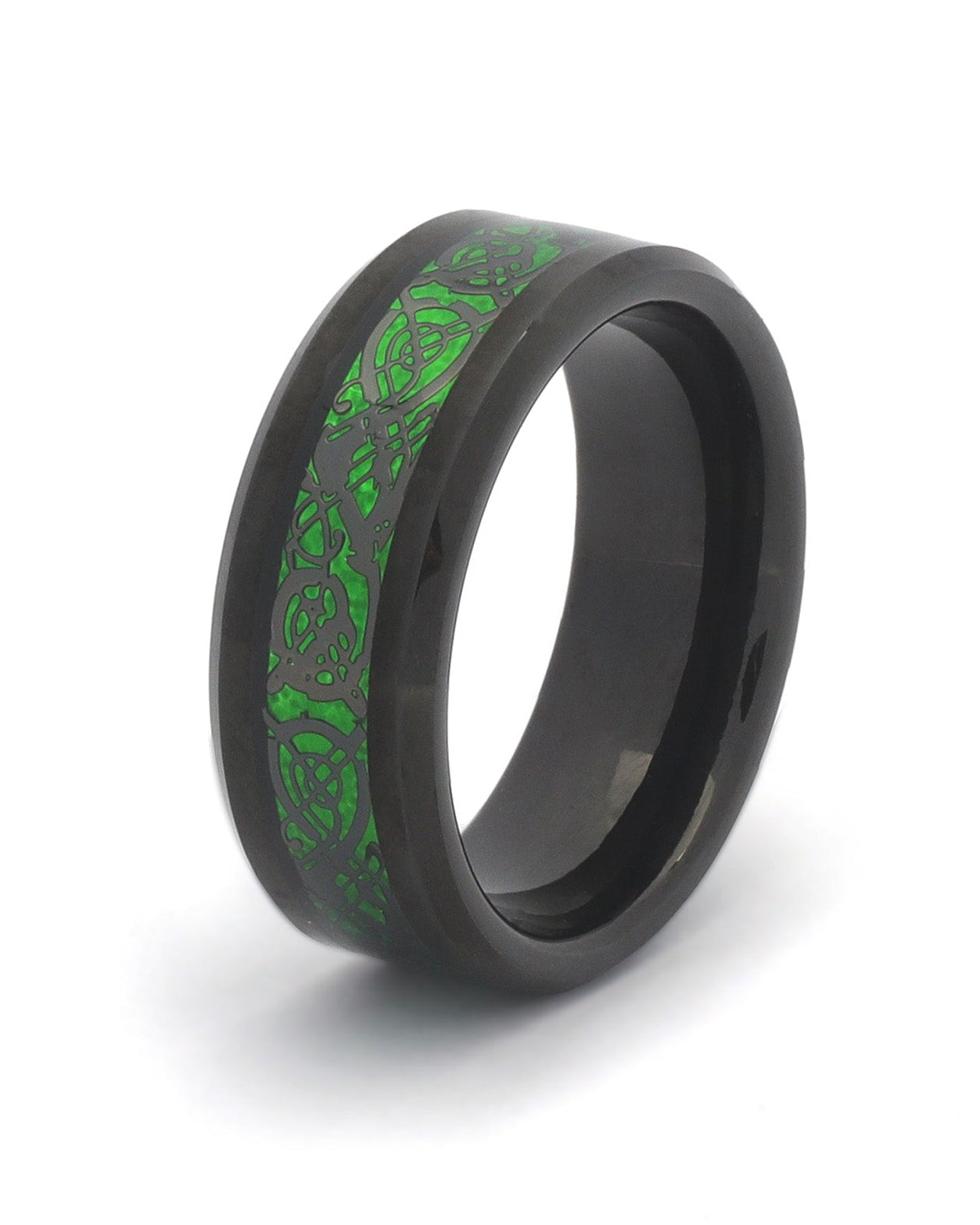 Men’s Black Celtic Ring – Tungsten Band with Green Carbon Fiber Inlay