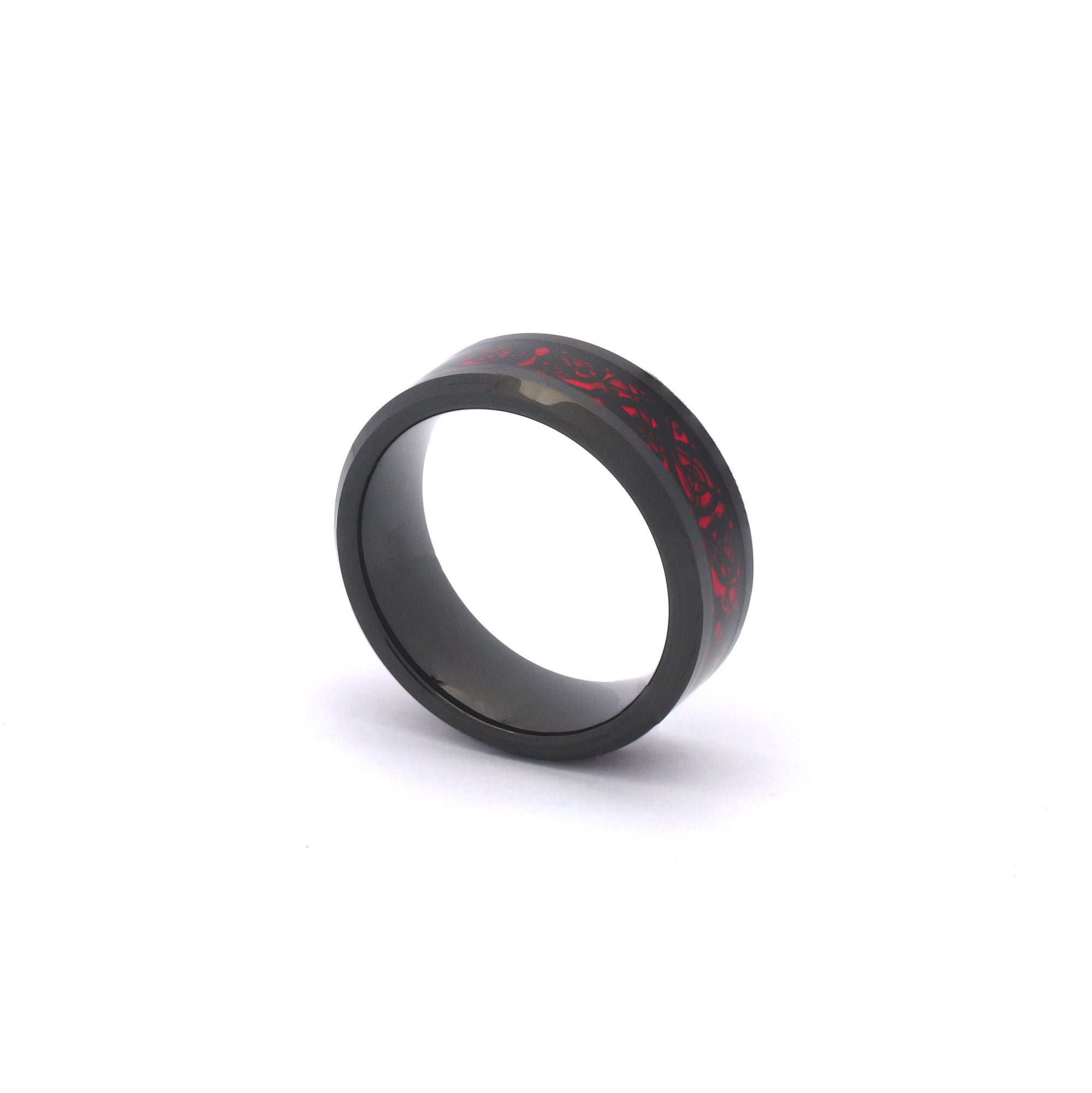 Gothic Male Ring – Black Tungsten Wedding Band with Red Inlay