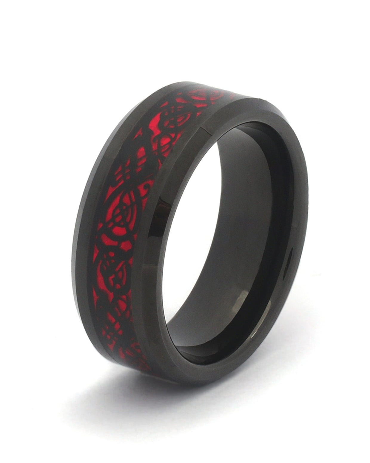 Men’s Celtic Wedding Ring – Black Tungsten with Red Carbon Fiber and Black Dragon Inlay