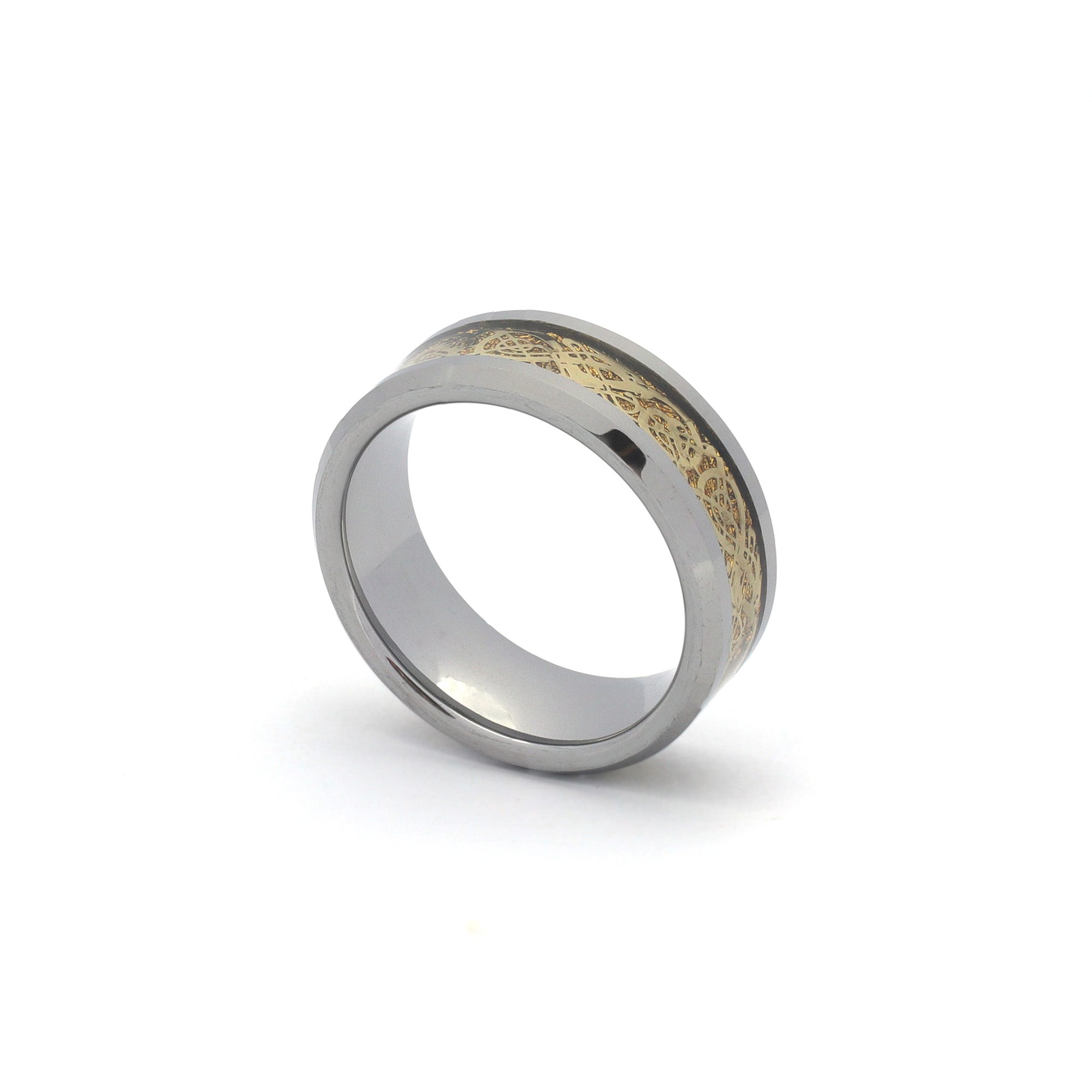 Irish Men’s Ring with Gold Celtic Dragon and Carbon Fiber Inlay