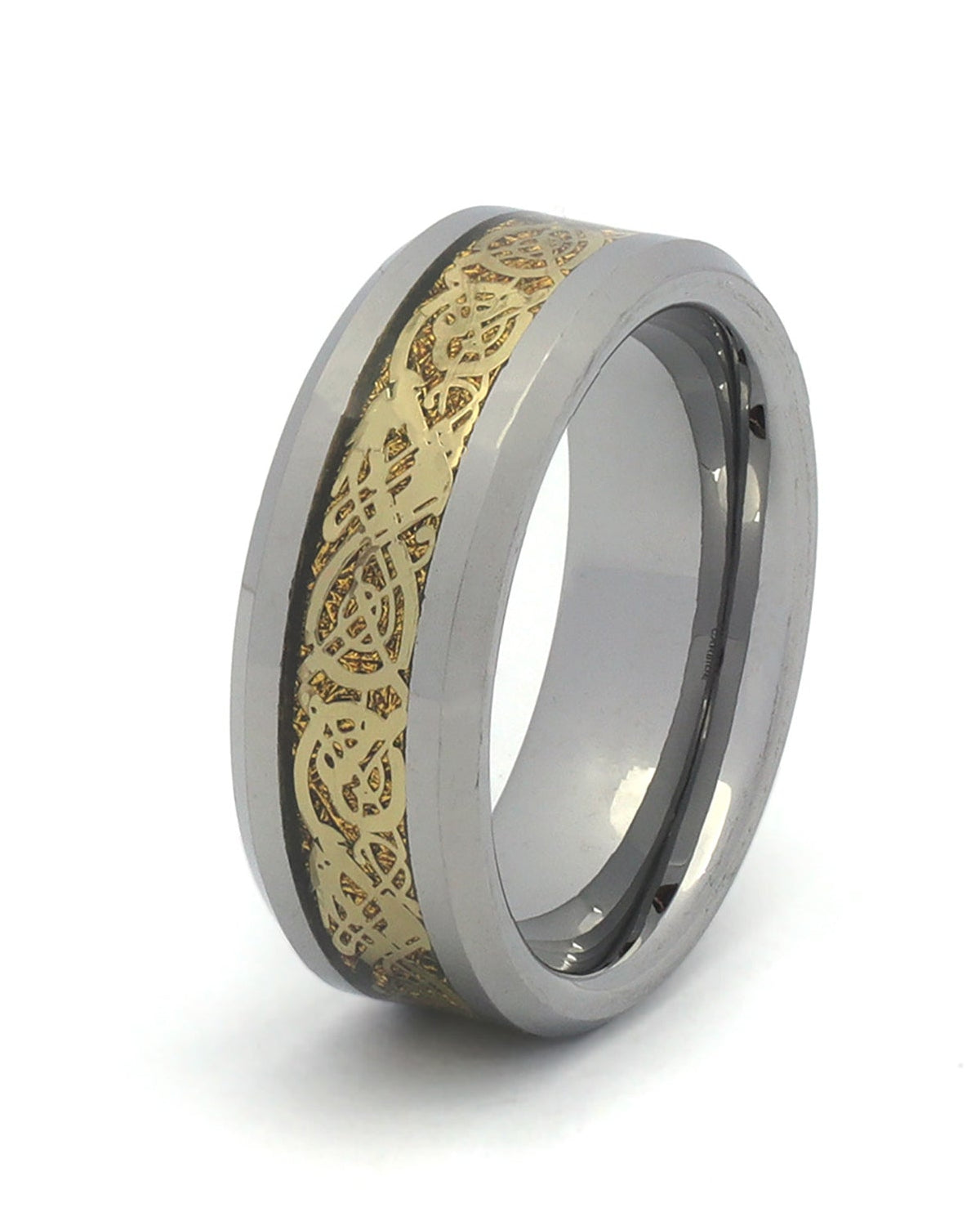 Men’s Celtic Wedding Ring in Silver Tungsten with Gold Dragon and Carbon Fiber Inlay