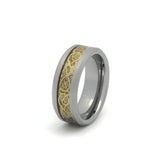 Men’s Celtic Wedding Ring in Silver Tungsten with Gold Dragon and Carbon Fiber Inlay