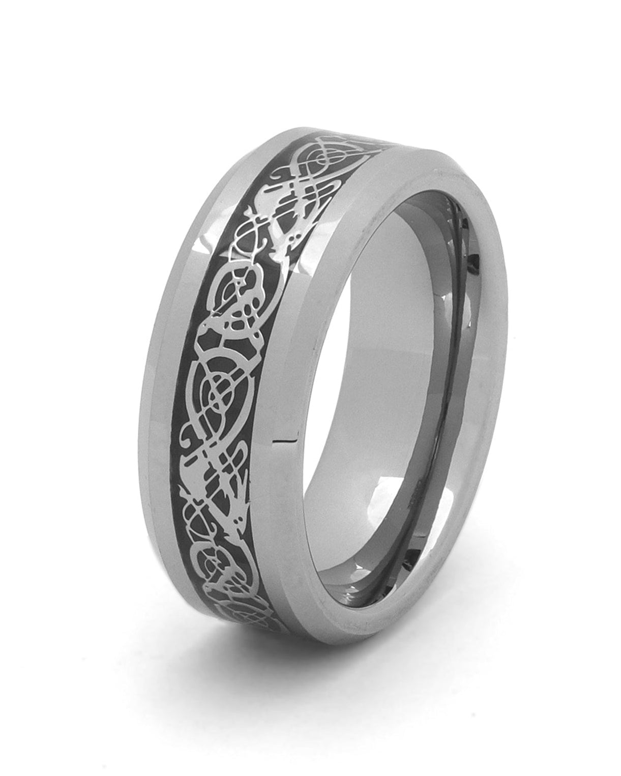 Men’s Celtic Ring in Silver Tungsten with Carbon Fiber and Dragon Inlay