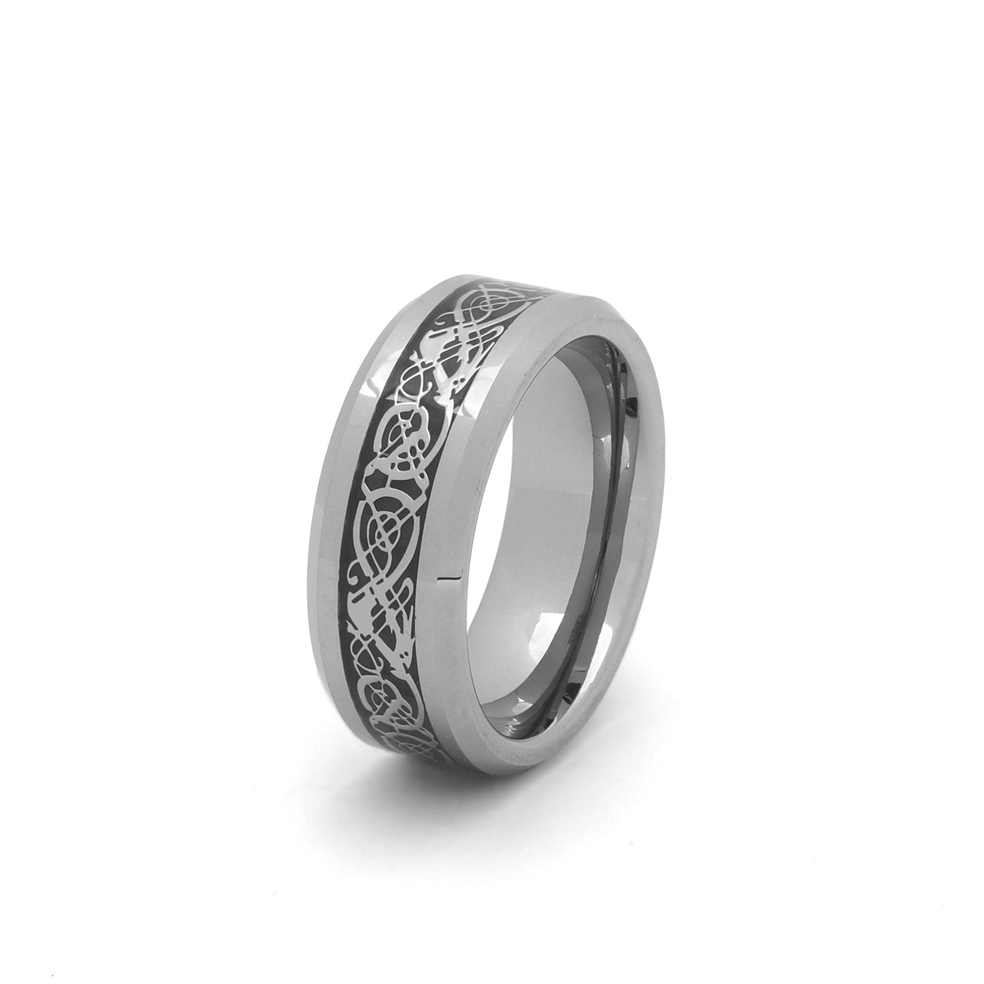 Men’s Celtic Ring in Silver Tungsten with Carbon Fiber and Dragon Inlay