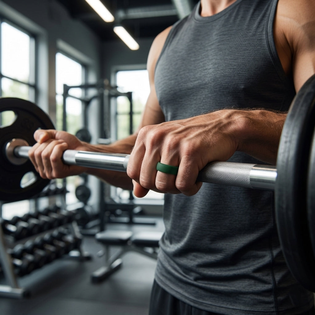 man wearing a forest green silicone ring whilst working out