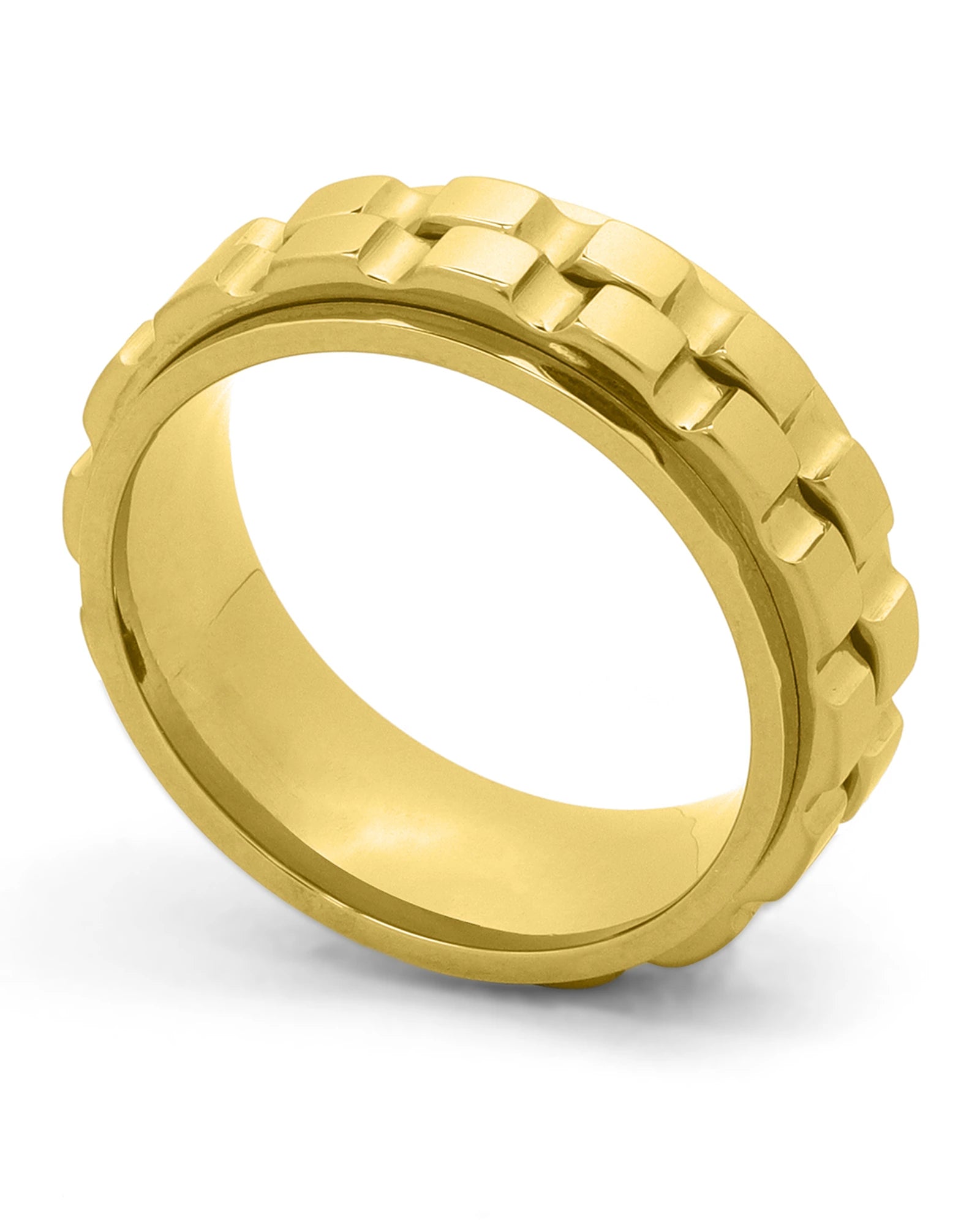 Gold men's spinner ring shown at an angle