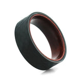 Angled view of an 8mm men's hammered black tungsten wedding band with a real rosewood inlay.