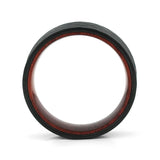 Side profile of an 8mm men's hammered black tungsten wedding band with a real rosewood inlay.