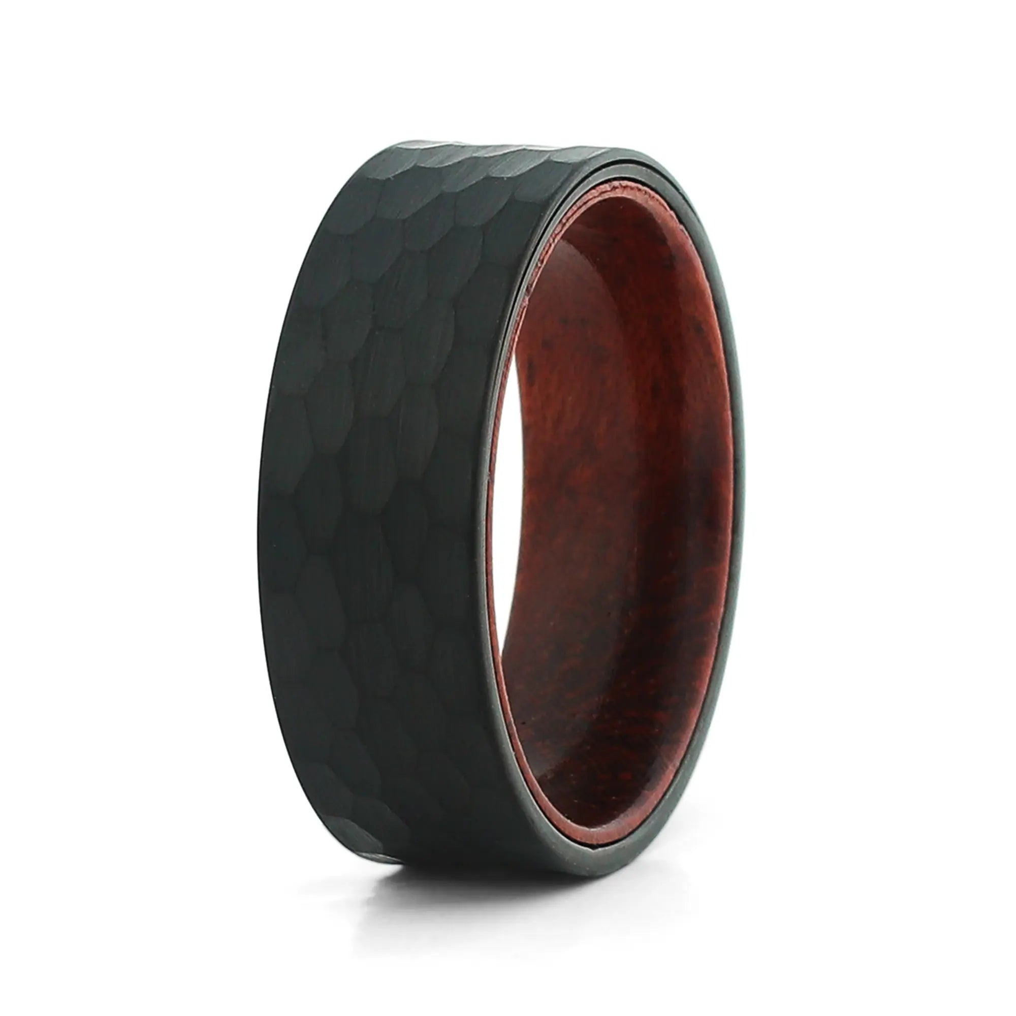8mm men's hammered black tungsten wooden wedding band with a real rosewood inlay.