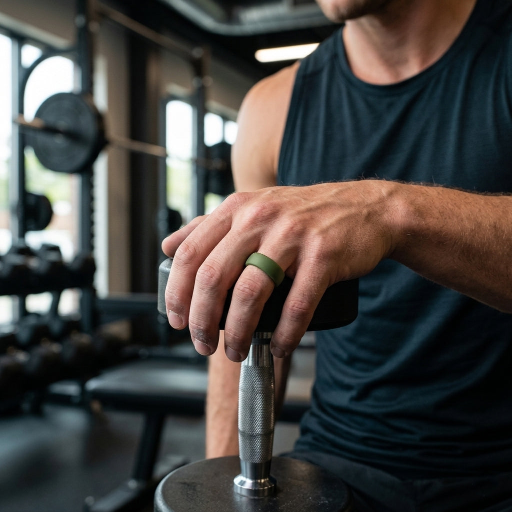 man in a gym wearing a khaki silicone wedding band whilst working out