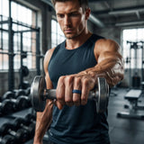 man lifting a dumbbell wearing a navy silicone ring