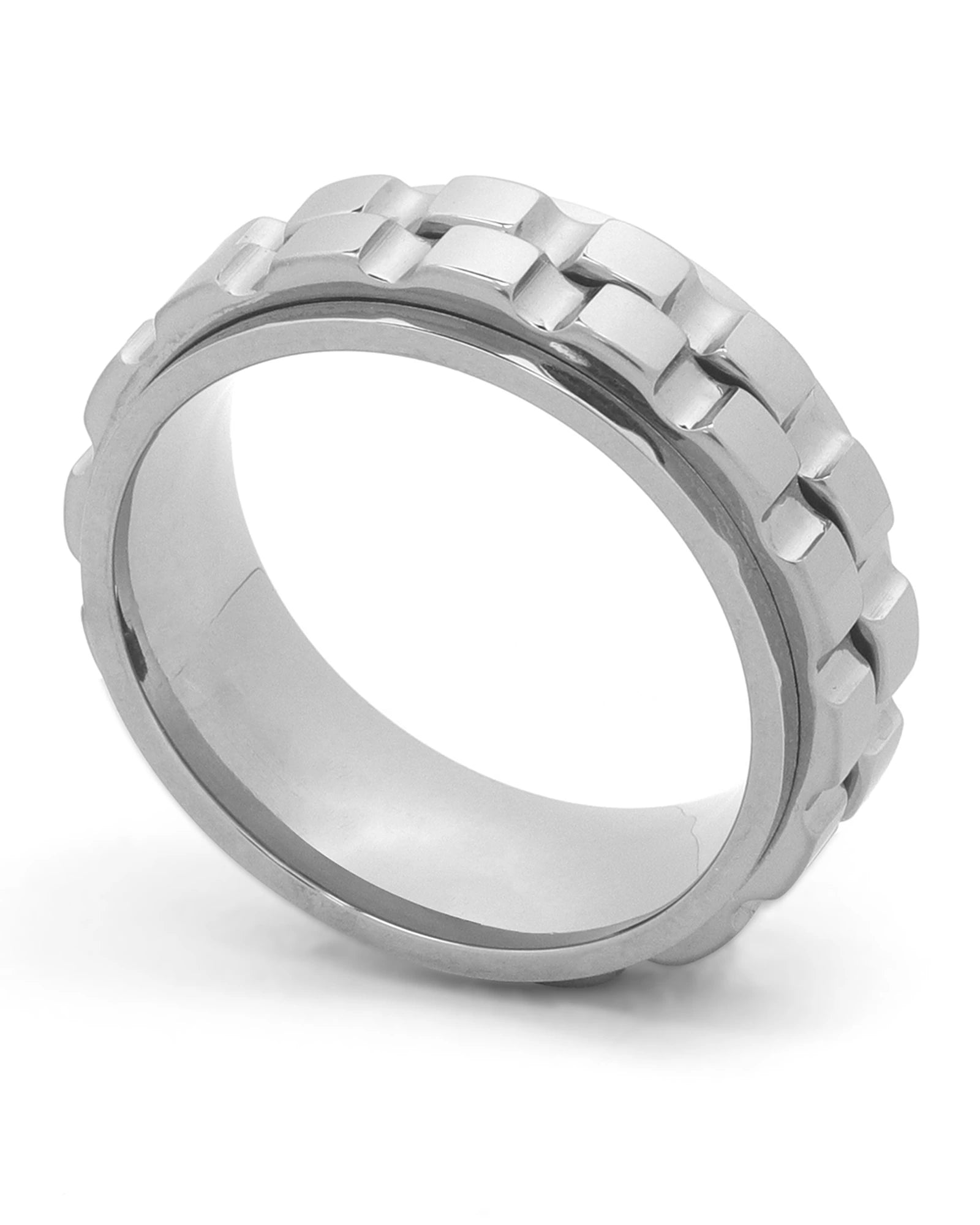 Silver men's spinner ring shown at an angle