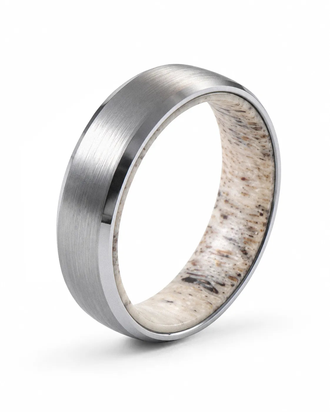 Men’s silver tungsten wedding ring with brushed finish and natural antler inner sleeve