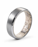 Men’s silver tungsten wedding ring with brushed finish and natural antler inner sleeve