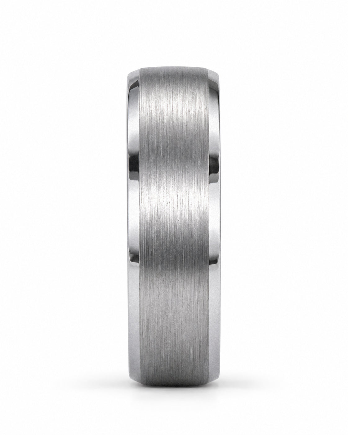 Front view of men’s brushed silver tungsten wedding ring with antler inner sleeve