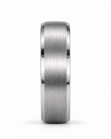 Front view of men’s brushed silver tungsten wedding ring with antler inner sleeve