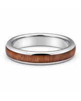 Men’s silver and reddish-brown wood inlay ring lying flat on a white studio background.