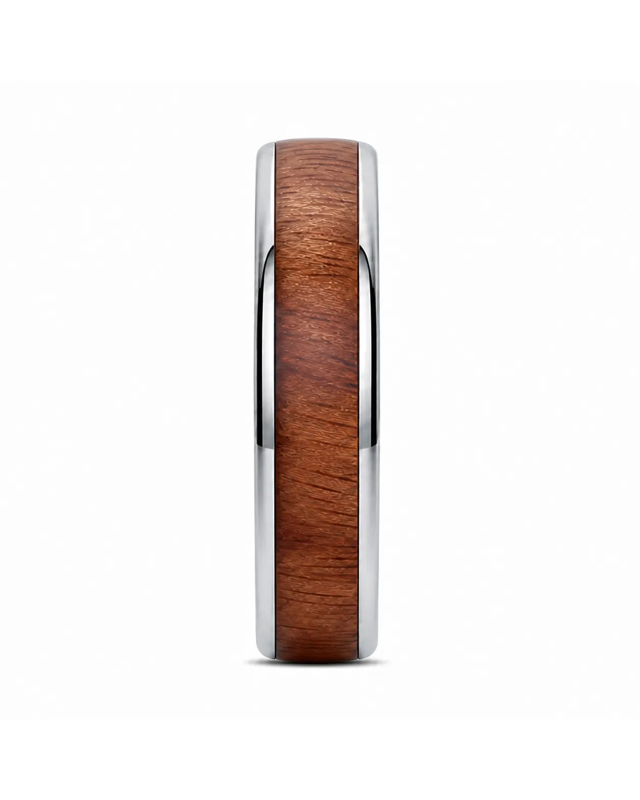 Side profile of a men’s ring featuring a reddish-brown wood inlay and polished silver edges.