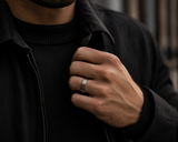 Man wearing a brushed silver wedding ring with whiskey barrel wood interior styled with dark knitwear and jacket in a modern urban setting