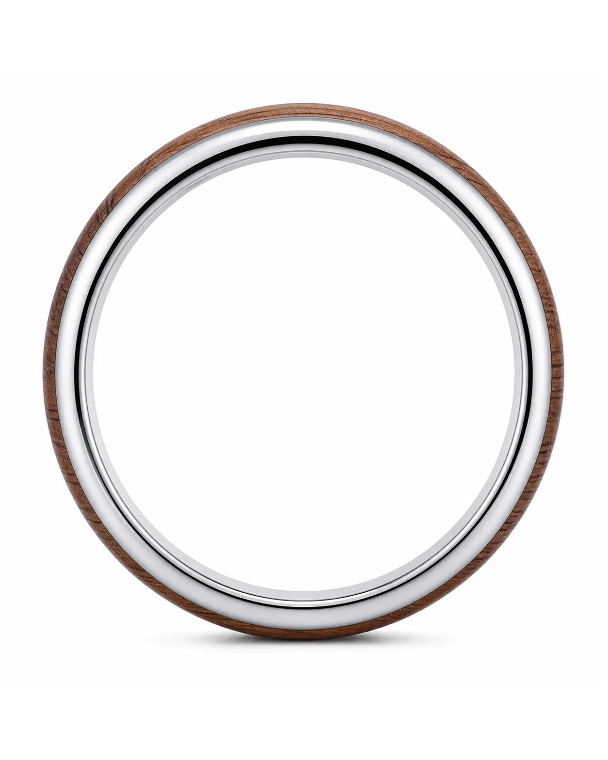 Side profile of a wide men’s ring with a reddish-brown wood centre and polished silver edges.