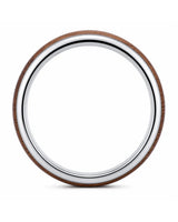 Side profile of a wide men’s ring with a reddish-brown wood centre and polished silver edges.