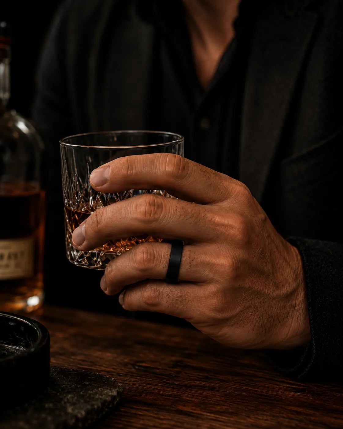 black tungsten wood ring with whiskey barrel wood
