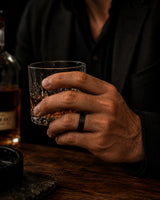 black tungsten wood ring with whiskey barrel wood