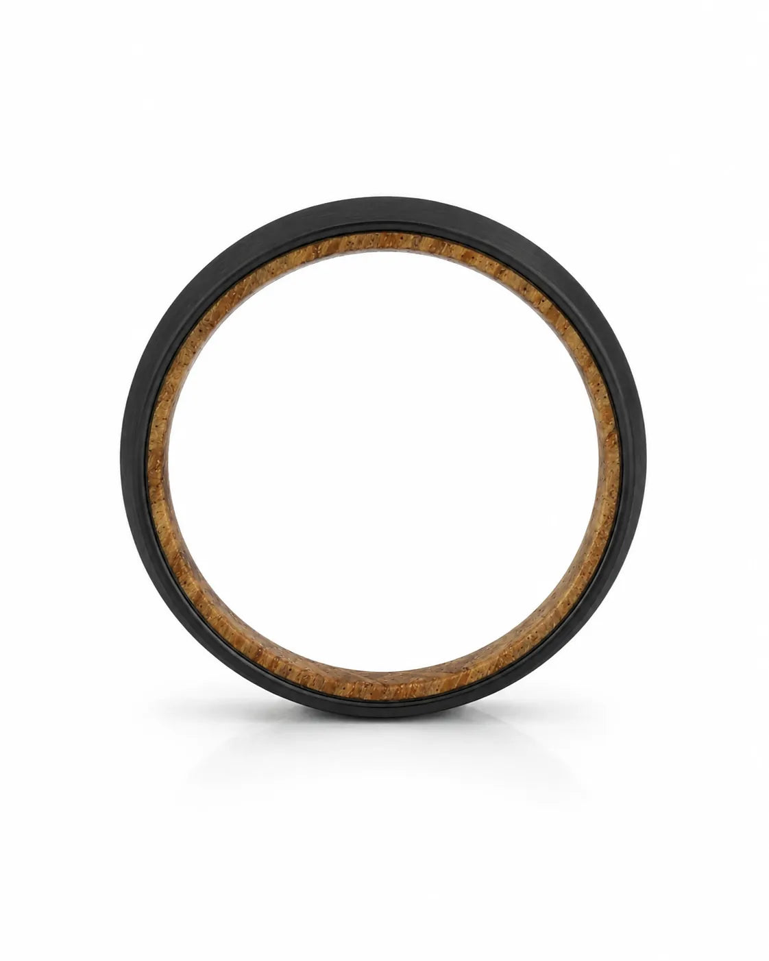 Side profile of a men's black tungsten wedding band with a real whiskey barrel wood inlay.