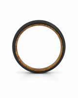 Side profile of a men's black tungsten wedding band with a real whiskey barrel wood inlay.