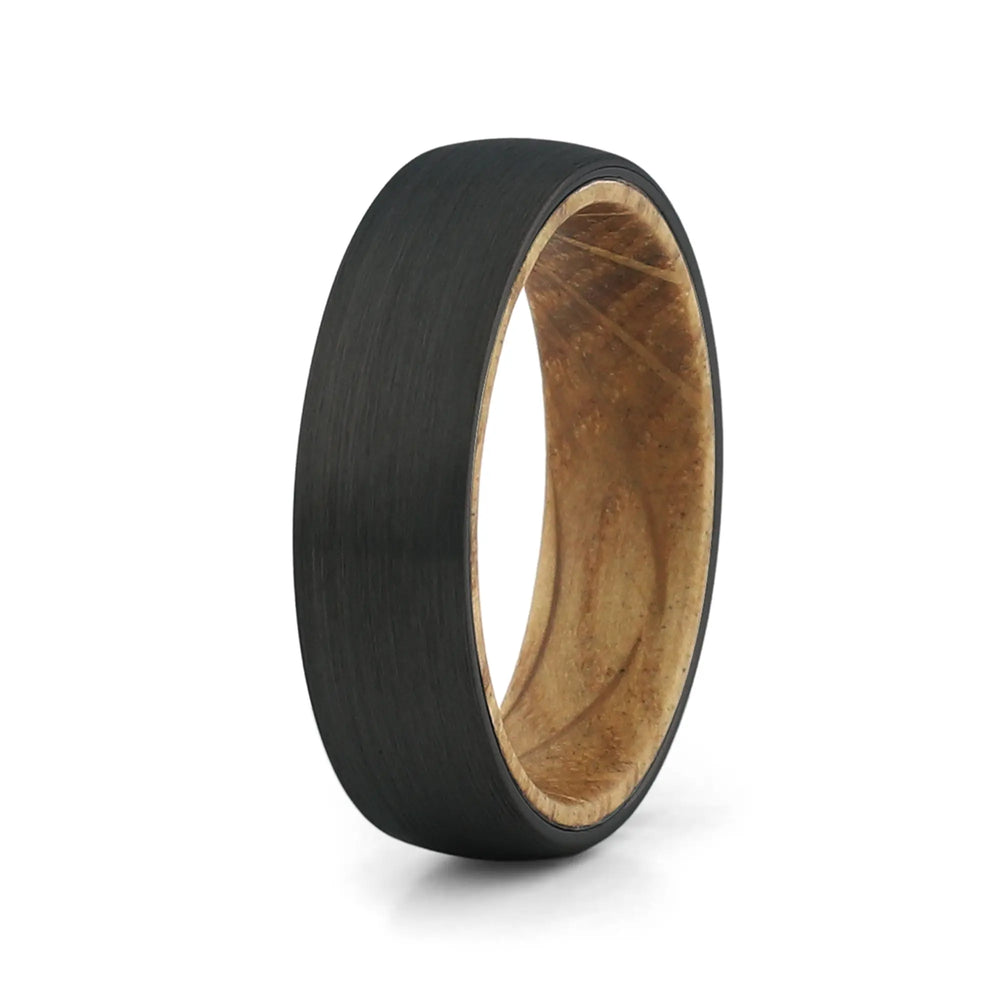 Men's black tungsten wooden wedding band with a real whiskey barrel wood inlay.