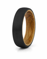 Men's black tungsten wooden wedding band with a real whiskey barrel wood inlay.