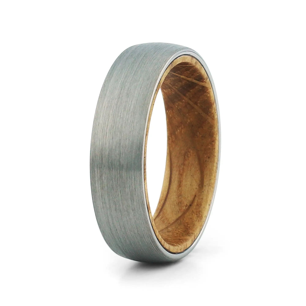 Men's brushed tungsten wooden wedding band with a real whiskey barrel wood inlay.
