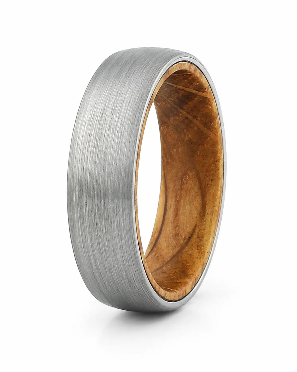 Men's brushed tungsten wooden wedding band with a real whiskey barrel wood inlay.
