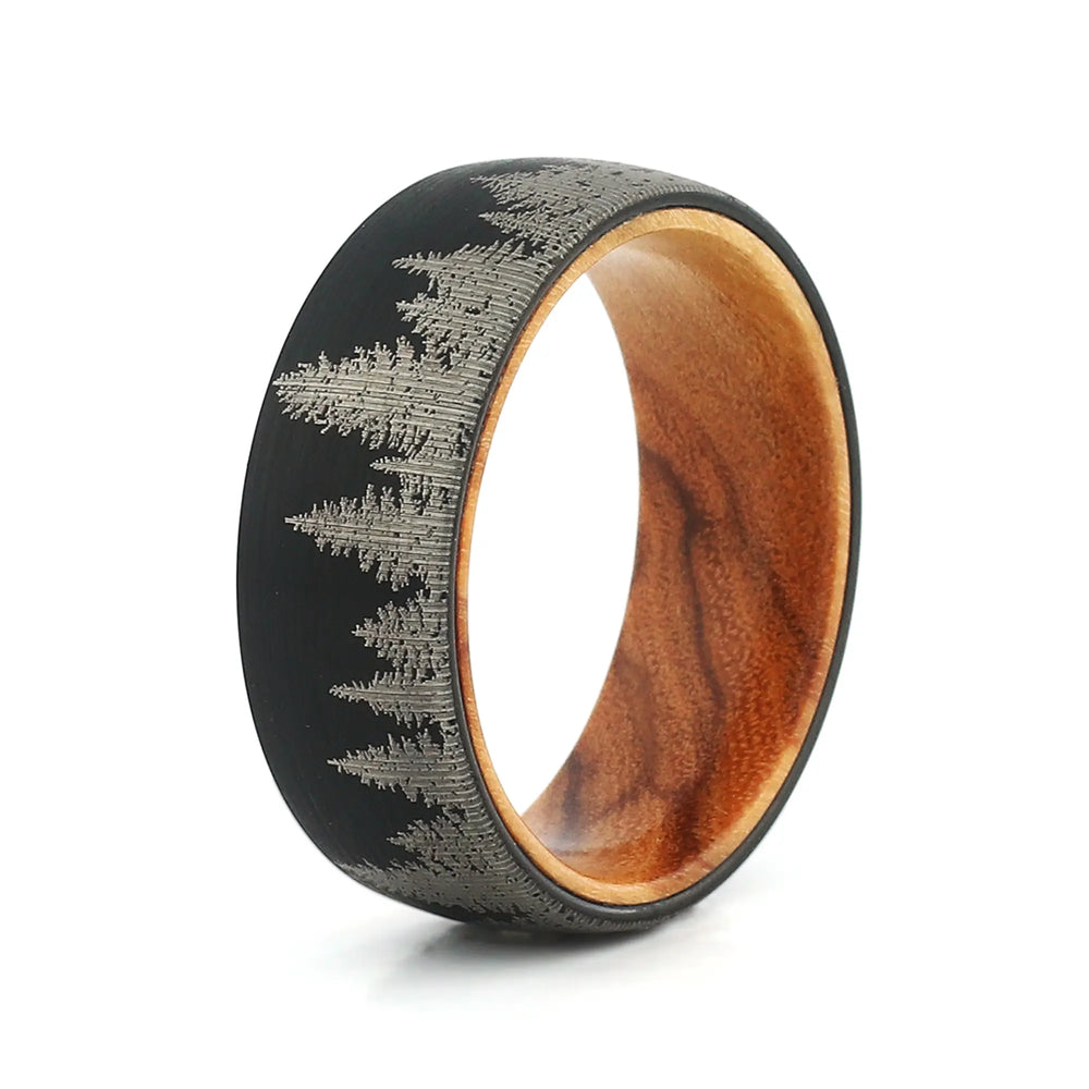 8mm men's black tungsten wooden wedding band with a forest engraving and real wood inlay.