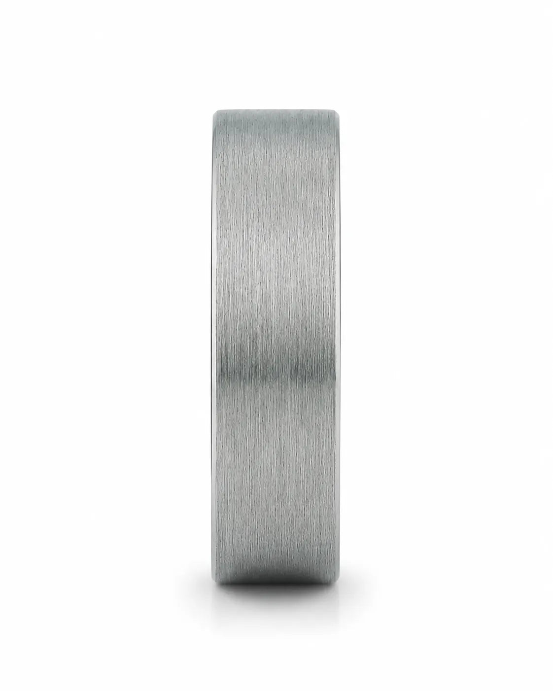 Side view of a men's brushed tungsten wedding band with a real whiskey barrel wood inlay.