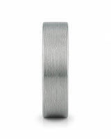 Side view of a men's brushed tungsten wedding band with a real whiskey barrel wood inlay.