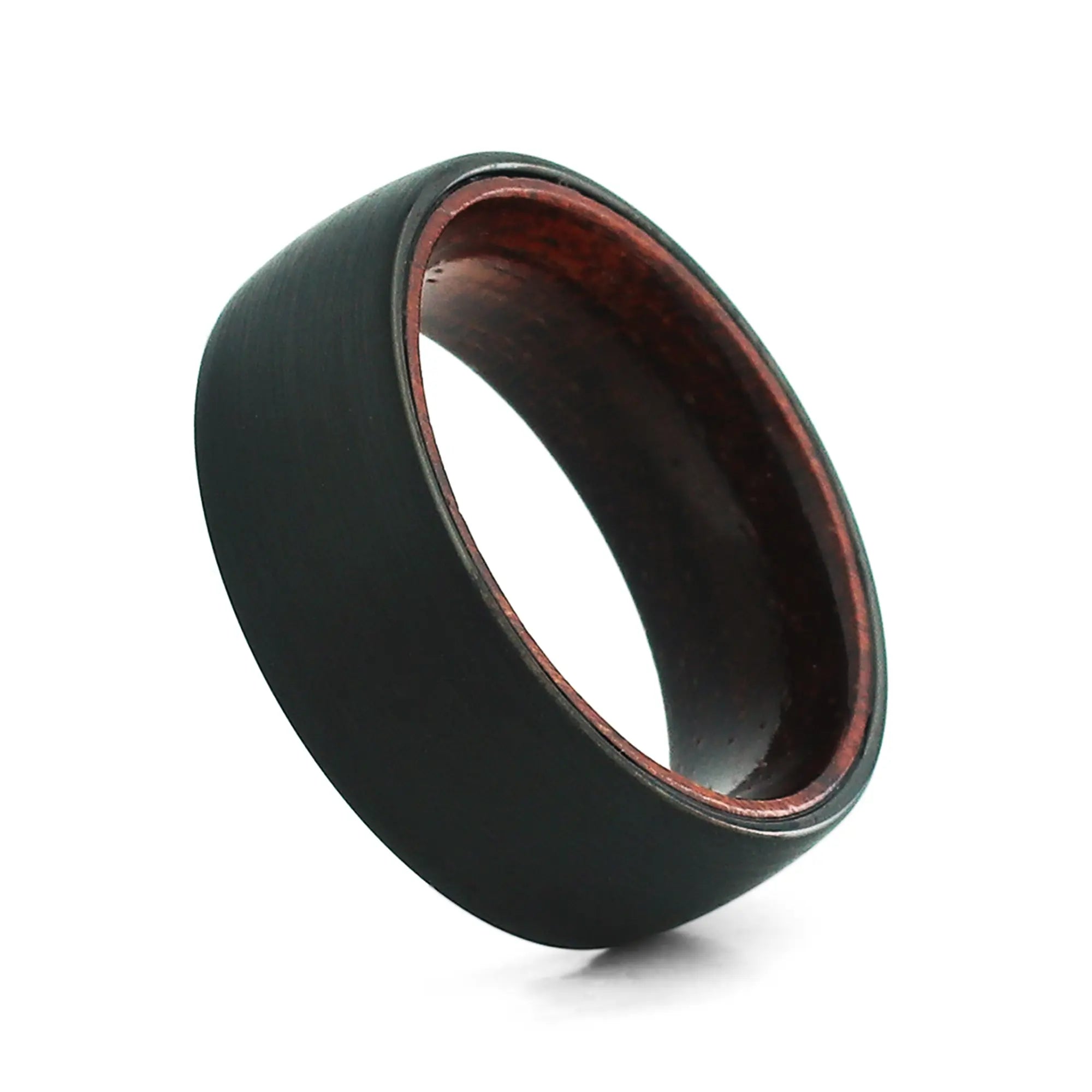 Angled view of an 8mm men's black tungsten wedding band with a real rosewood inlay.