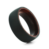 Angled view of an 8mm men's black tungsten wedding band with a real rosewood inlay.
