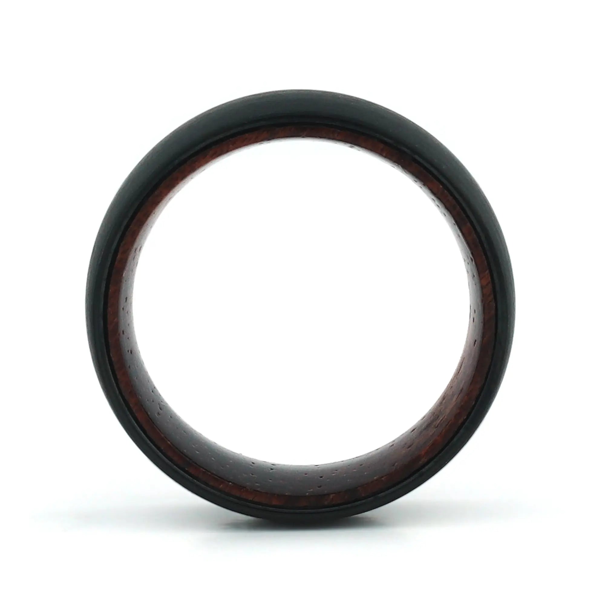 Side profile of an 8mm men's black tungsten wedding band with a real rosewood inlay.
