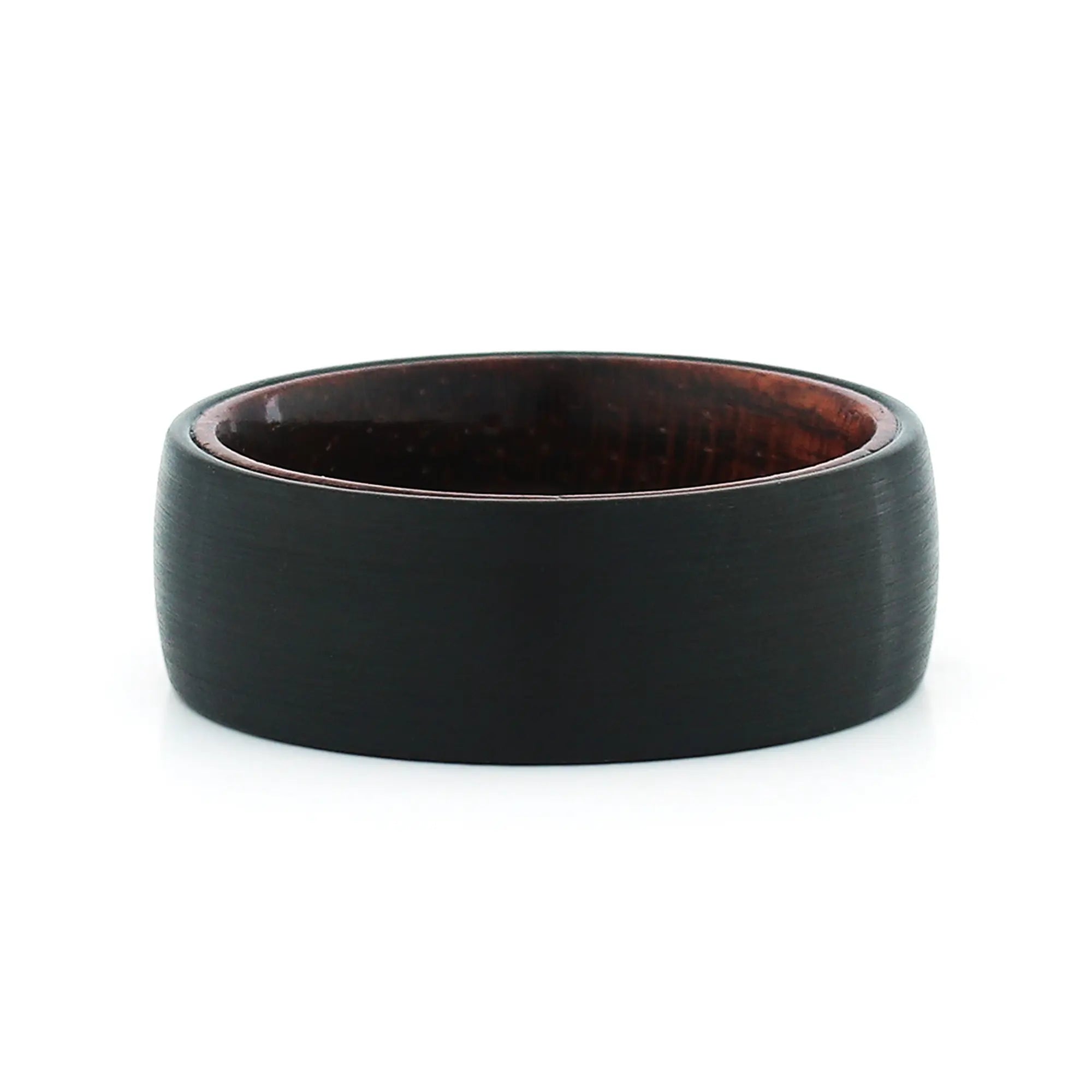 Top view of an 8mm men's black tungsten wedding band with a real rosewood inlay.
