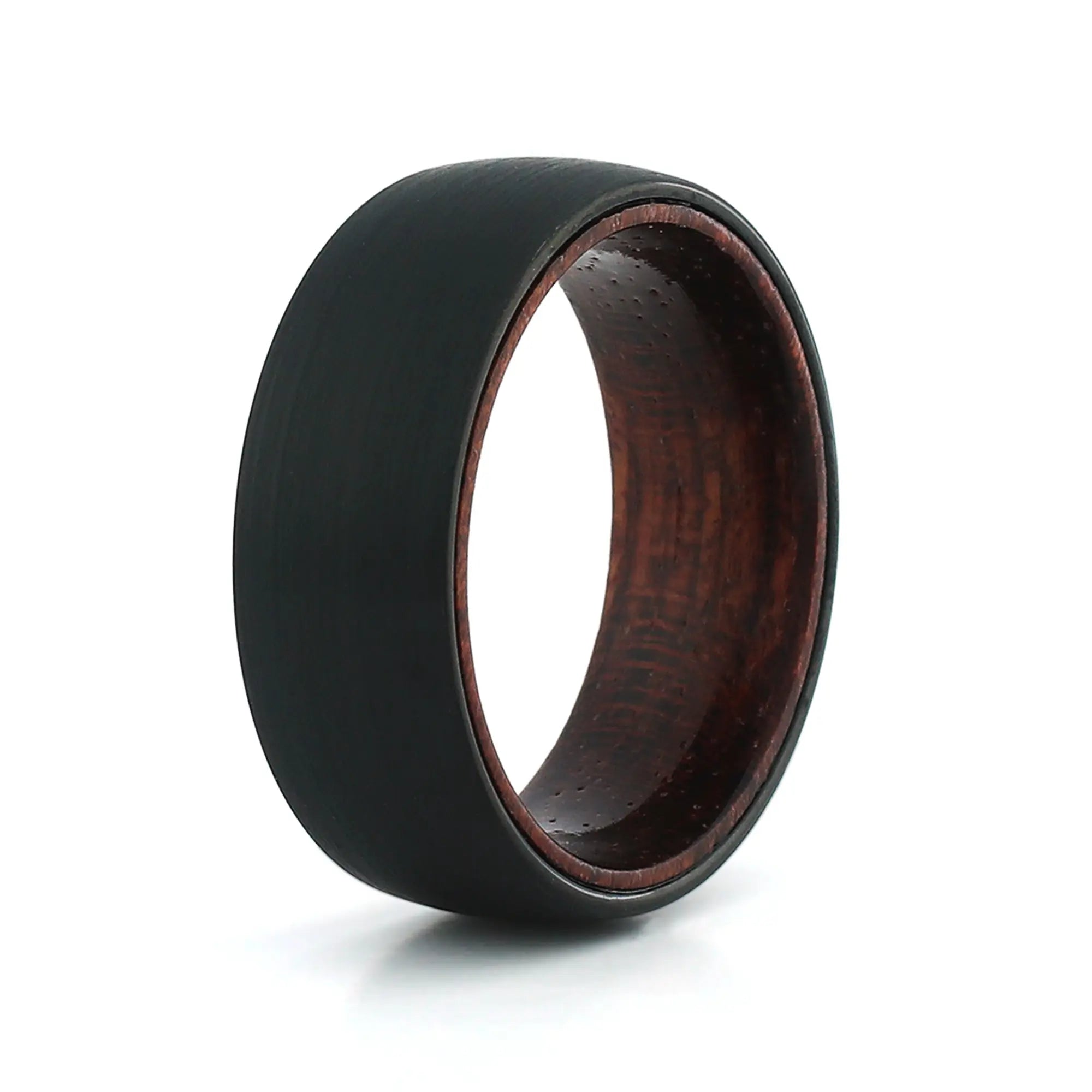 8mm men's black tungsten wooden wedding band with a real rosewood inlay.