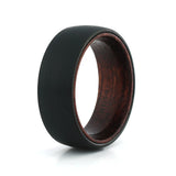 8mm men's black tungsten wooden wedding band with a real rosewood inlay.