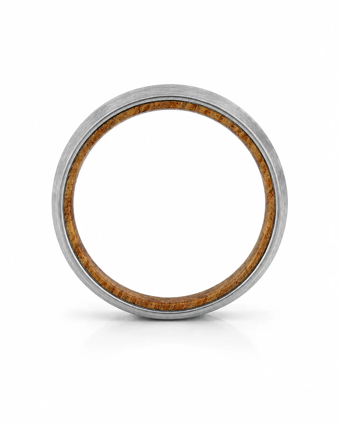 Side profile of a men's brushed tungsten wedding band with a real whiskey barrel wood inlay.