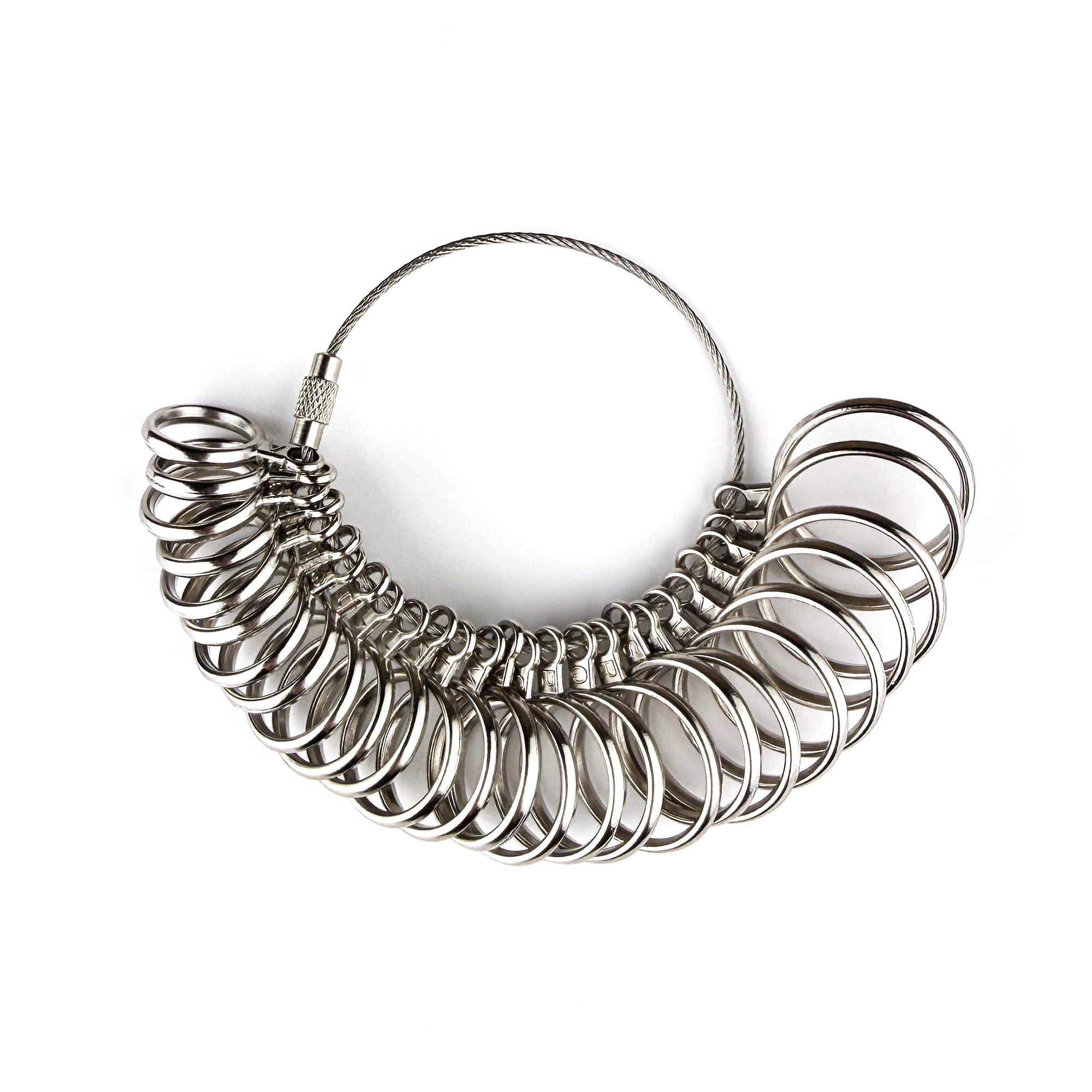 Metal ring sizer tool showing full set of sizes A to Z