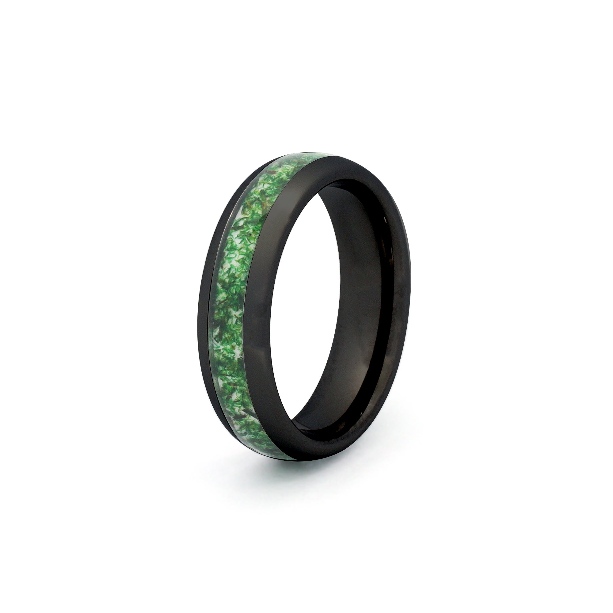 6mm black tungsten ring with green moss agate inlay